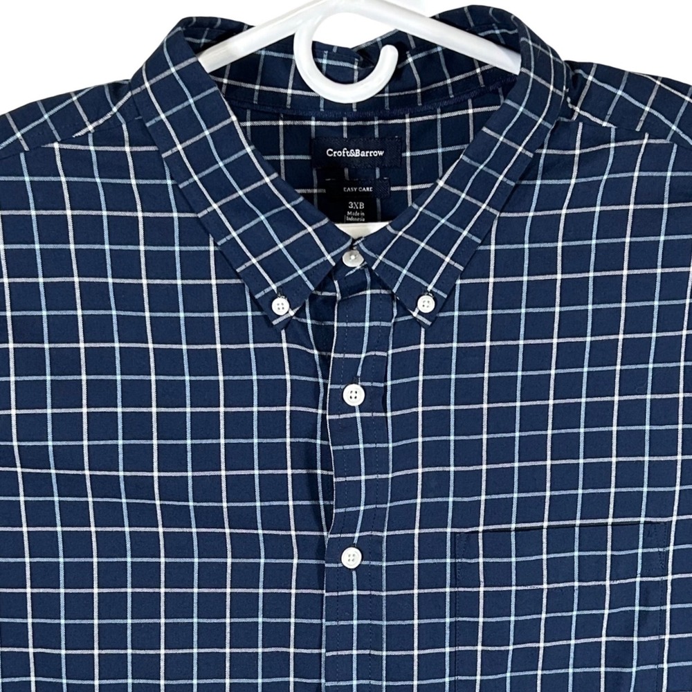 Croft & Barrow Mens 3XB Navy Blue Windowpane Check Easy Care Button Down Shirt‎